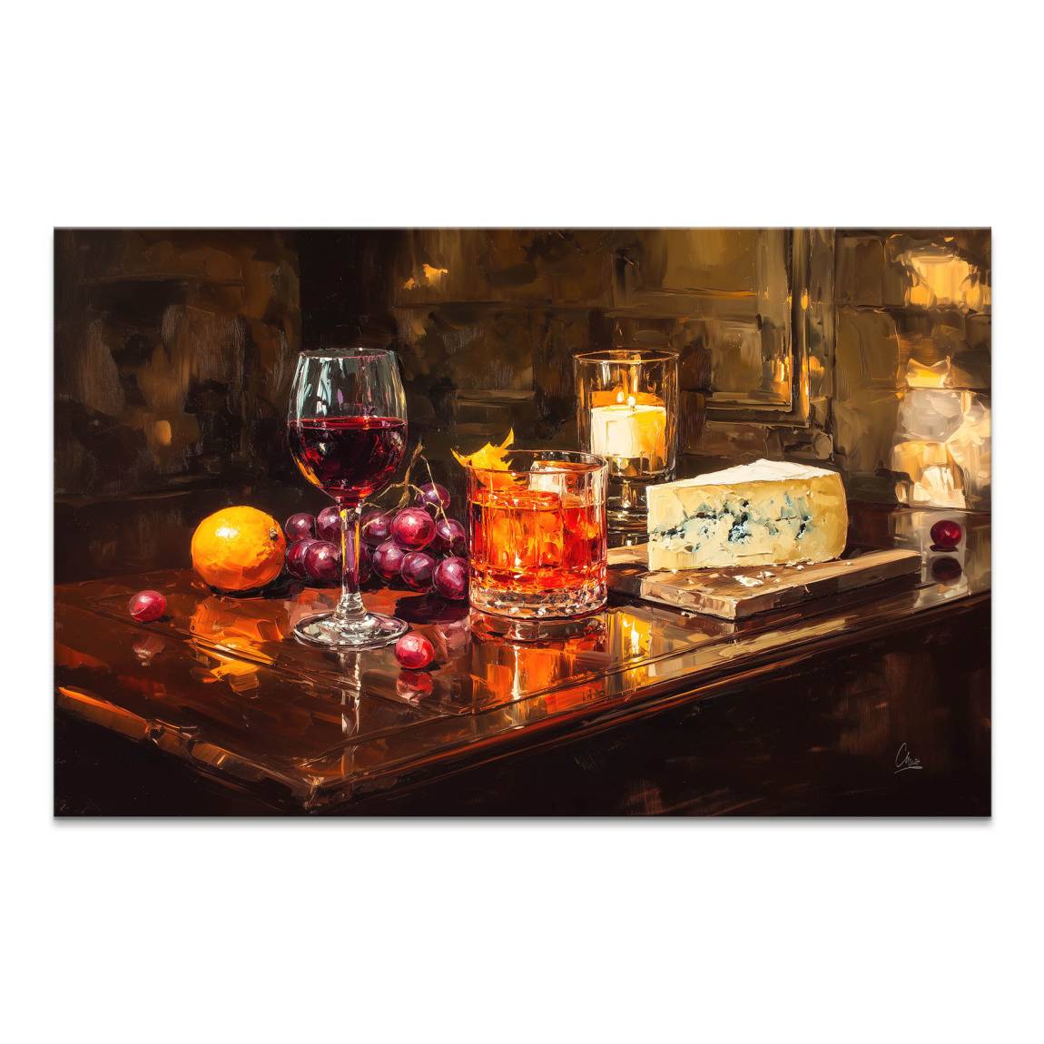 Wine in the Light: a glass of red wine, amber cocktail, grapes, orange, and blue cheese on a dark wooden table by candlelight