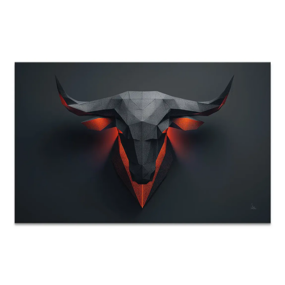 Geometric bull head wall art in charcoal and black with fiery orange-red eye glow