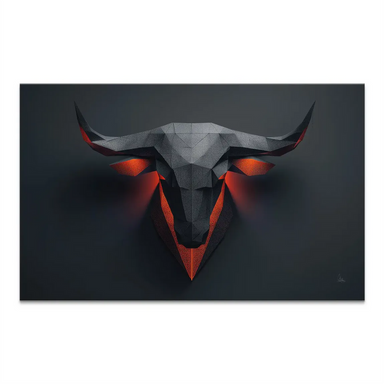 Geometric bull head wall art in charcoal and black with fiery orange-red eye glow