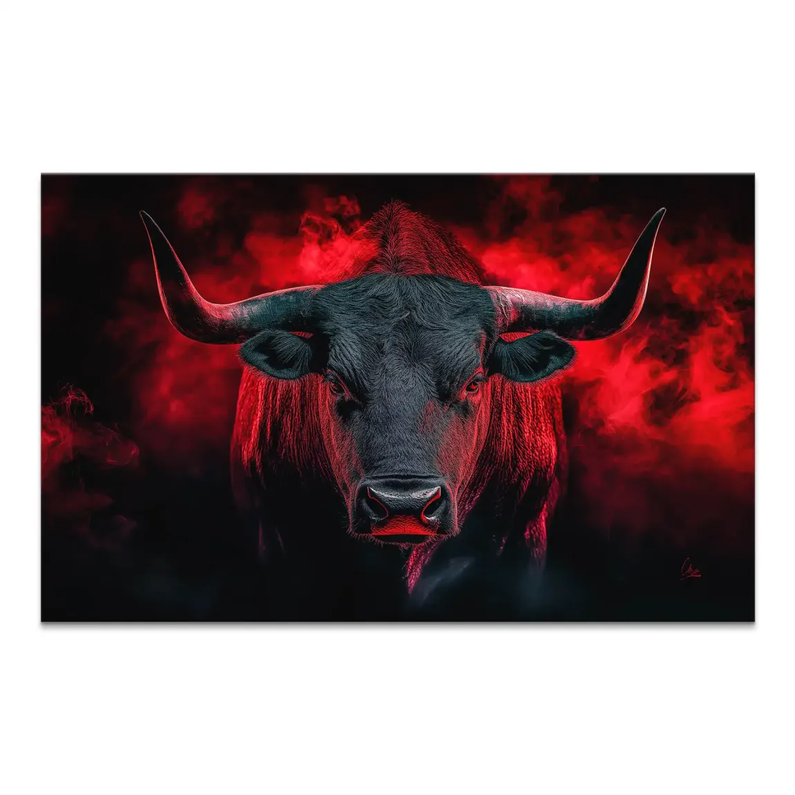 Powerful black bull portrait on canvas with fiery red haze