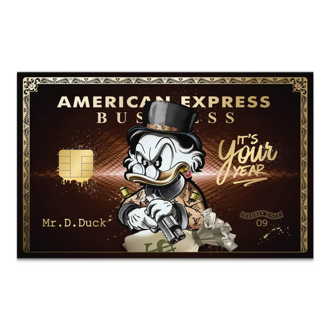 Pop art canvas featuring Scrooge McDuck wearing a Louis Vuitton-inspired jacket, holding a money bag and a gun against a dark brown and gold background.