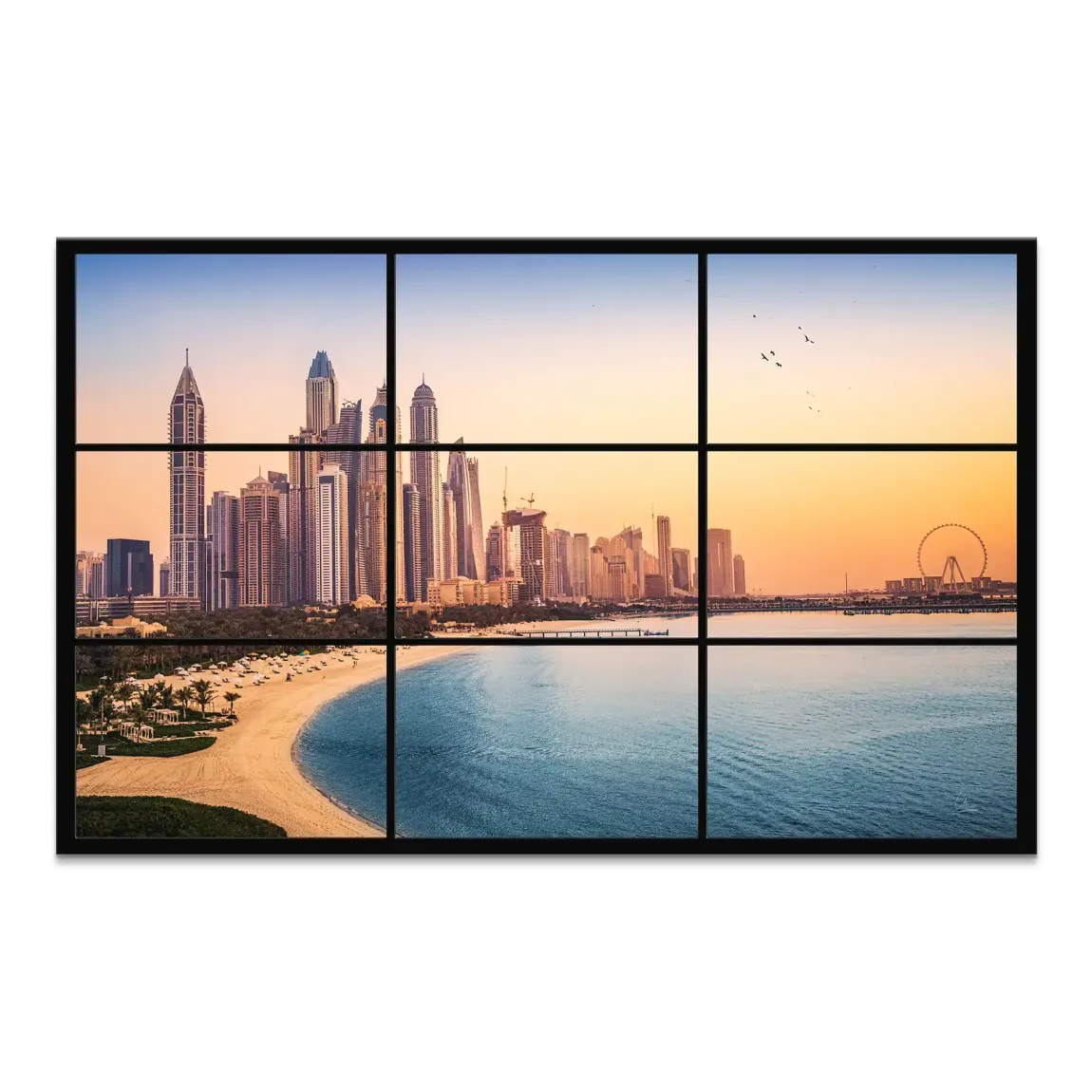 Panel 1: Dubai skyline with Ain Dubai seen across a calm blue sea at golden hour