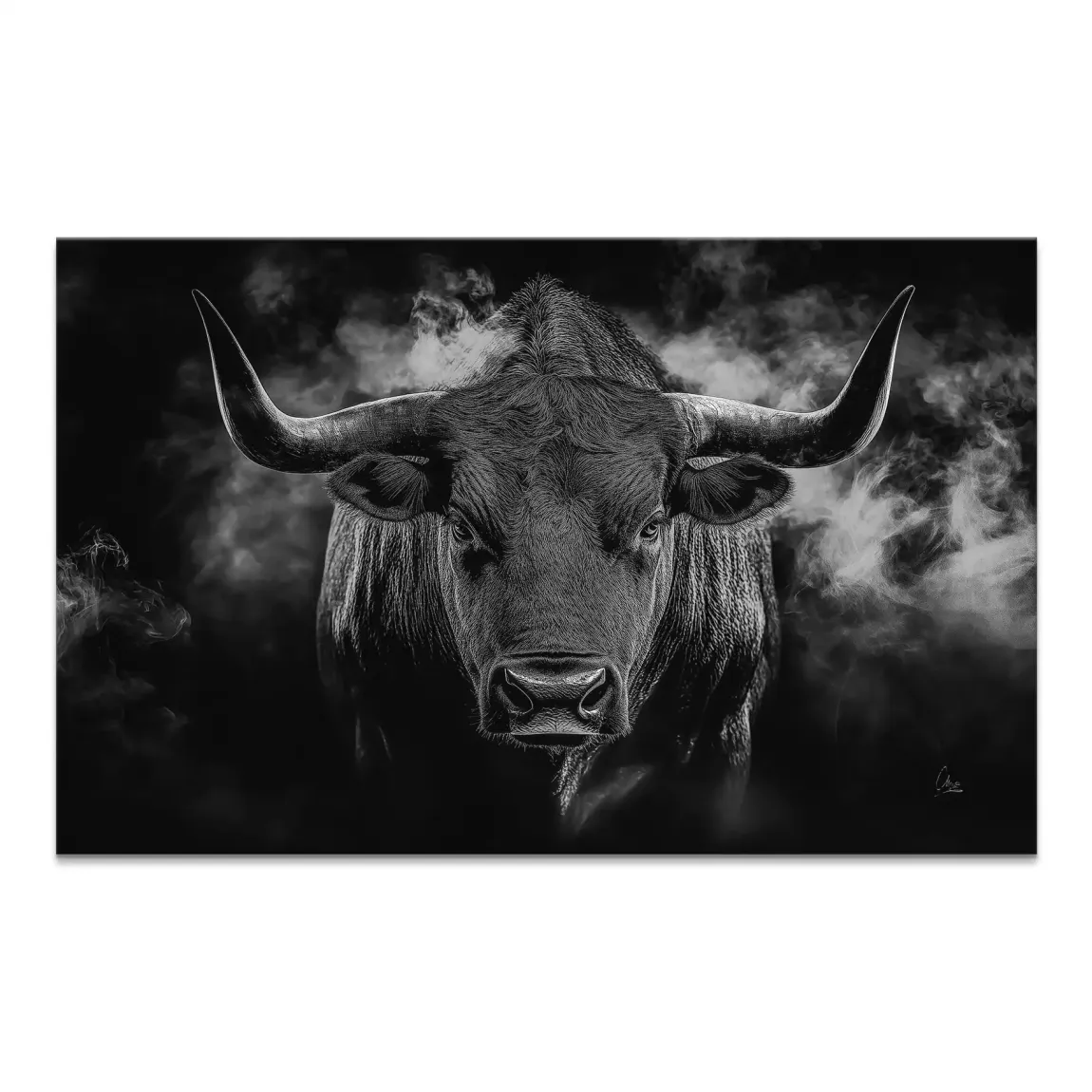 Black Bull Vision canvas wall art in black and white with a powerful bull portrait and smoky background.