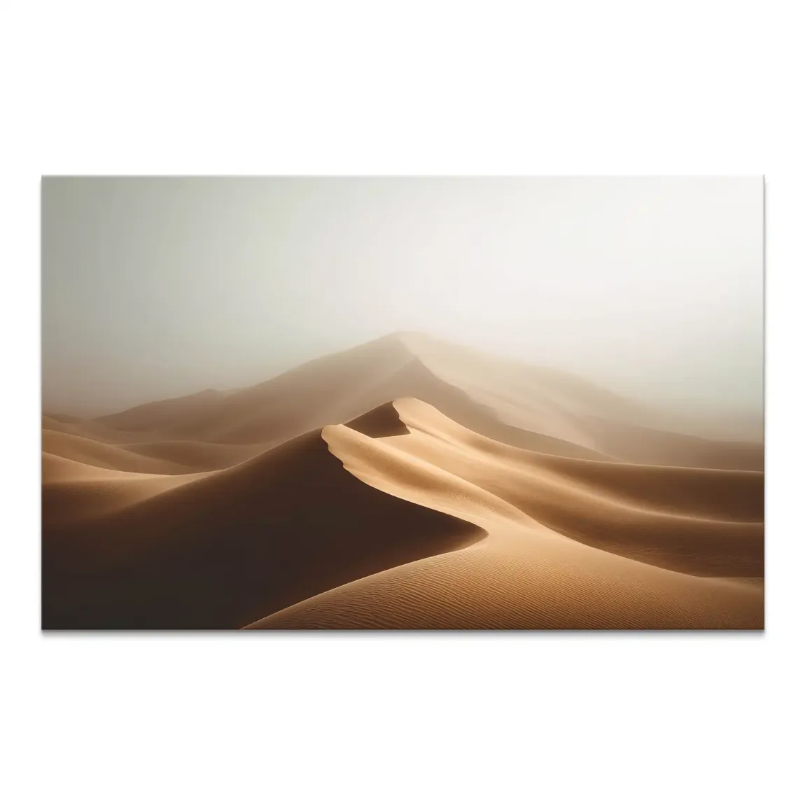 Desert fog landscape canvas print with rolling dunes in warm sand colors