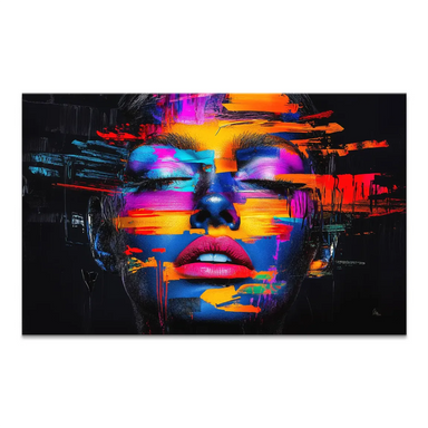 Close-up of a neon-lit woman's portrait with hot pink lips and electric blues against a dark background, in a pop art abstract style.