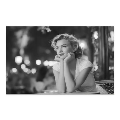 Monochrome Marilyn Monroe portrait in a noir night cafe with blurred city lights in the background.