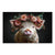 Piglet wearing a pink and peach floral crown on a dark moody background, boho animal wall art