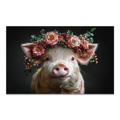 Piglet wearing a pink and peach floral crown on a dark moody background, boho animal wall art