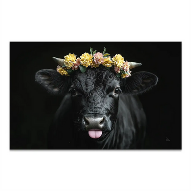 Close-up of a black cow wearing a yellow and pink flower crown against a dark background