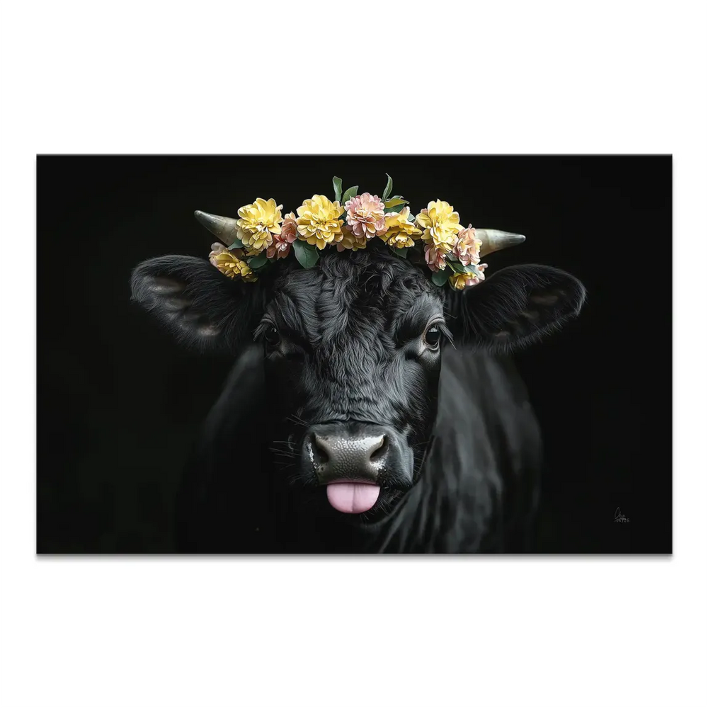 Close-up of a black cow wearing a yellow and pink flower crown against a dark background