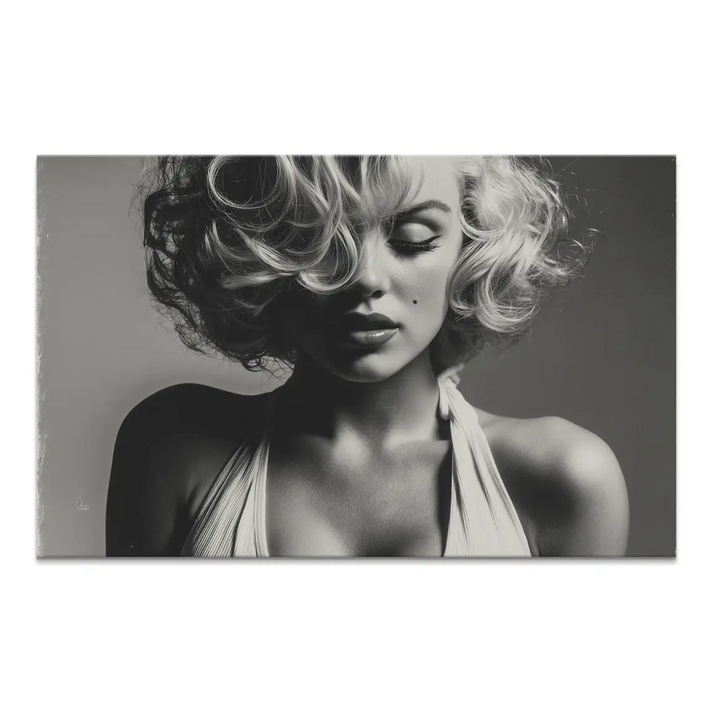 Black-and-white portrait of a glamorous woman with blonde curls on canvas, evoking vintage Hollywood fashion.