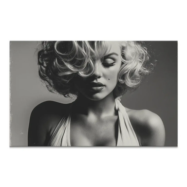 Black-and-white portrait of a glamorous woman with blonde curls on canvas, evoking vintage Hollywood fashion.