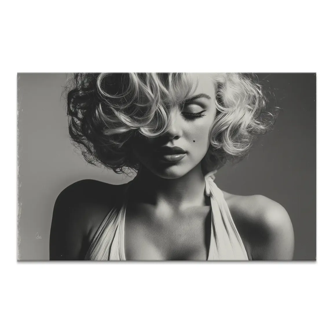 Black-and-white portrait of a glamorous woman with blonde curls on canvas, evoking vintage Hollywood fashion.