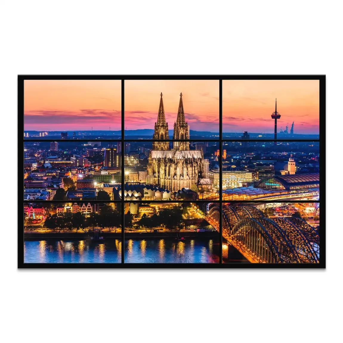 Cologne Cathedral and Rhine River at dusk with warm sunset tones over the city