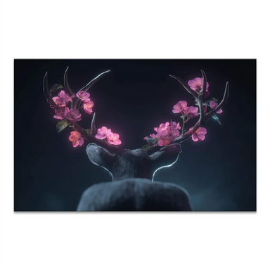 Flower Deer Canvas Print: a deer seen from behind with glowing pink cherry blossoms on its antlers against a deep indigo and black background.