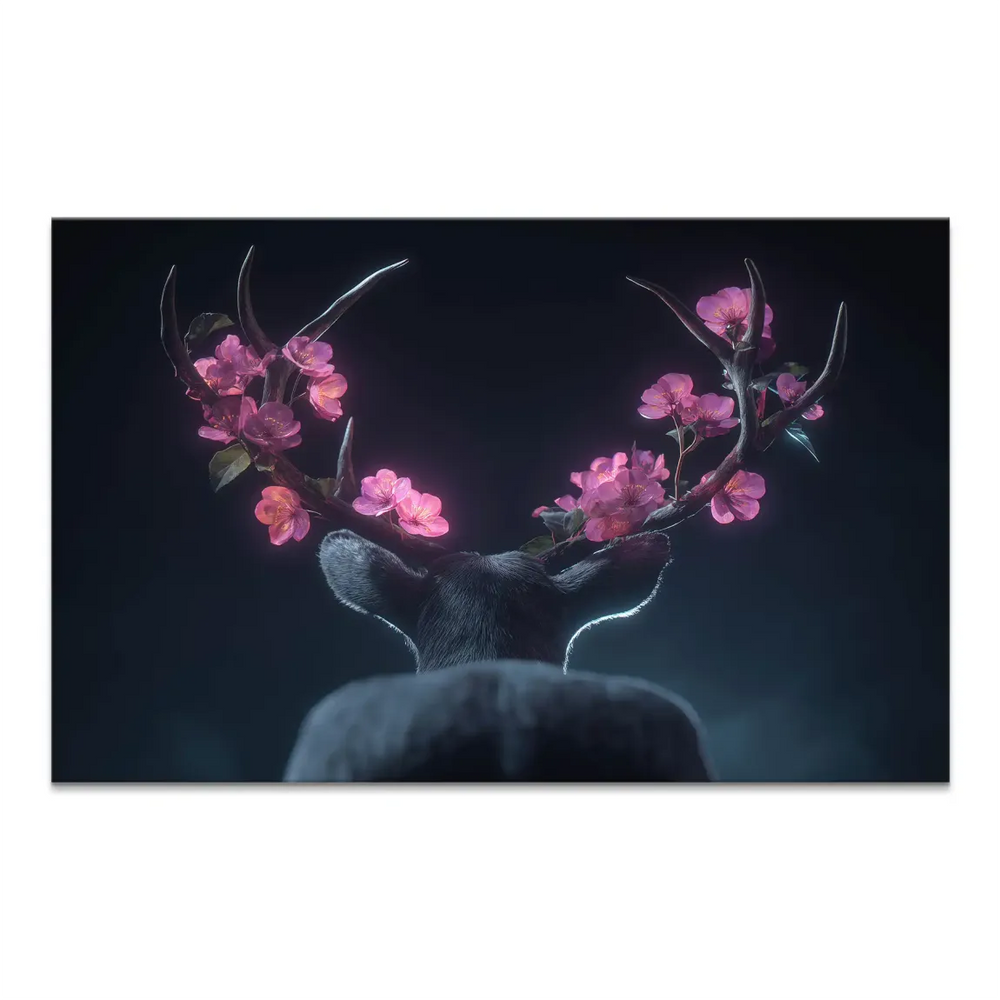 Flower Deer Canvas Print: a deer seen from behind with glowing pink cherry blossoms on its antlers against a deep indigo and black background.