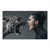 Close-up of a snarling leopard beside a fierce woman in profile on a monochrome canvas.