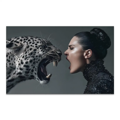 Close-up of a snarling leopard beside a fierce woman in profile on a monochrome canvas.