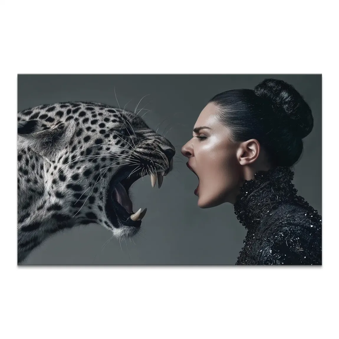 Close-up of a snarling leopard beside a fierce woman in profile on a monochrome canvas.