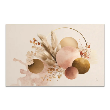 Golden Balance Canvas Print: boho abstract composition with spheres, pampas grass, dried botanicals, and a golden ring on a warm beige background.