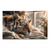Close-up of a sleeping tiger on a textured cream blanket bathed in warm light