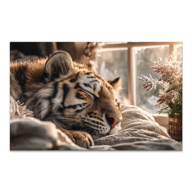 Close-up of a sleeping tiger on a textured cream blanket bathed in warm light
