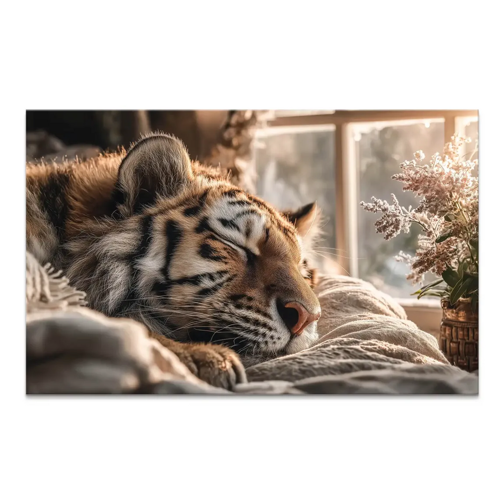 Close-up of a sleeping tiger on a textured cream blanket bathed in warm light