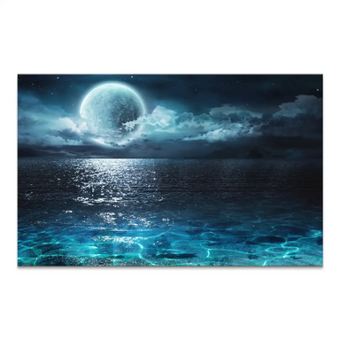 Moonlit ocean landscape canvas with a luminous full moon reflecting on teal and aquamarine water