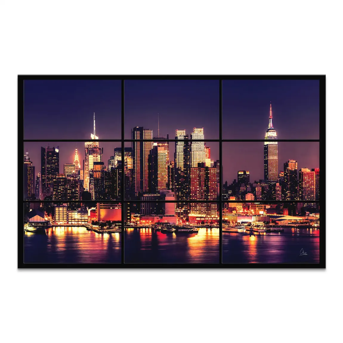 New York City skyline at night with illuminated skyscrapers