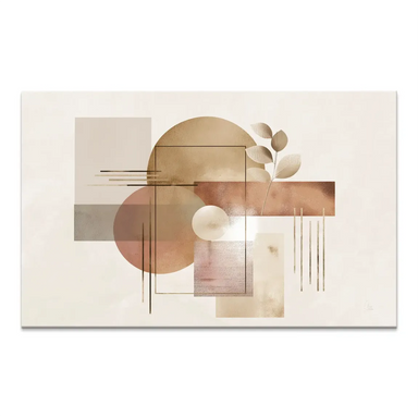 Landscape orientation canvas print of Silent Balance featuring overlapping geometric shapes in beige and brown tones with a slender botanical branch