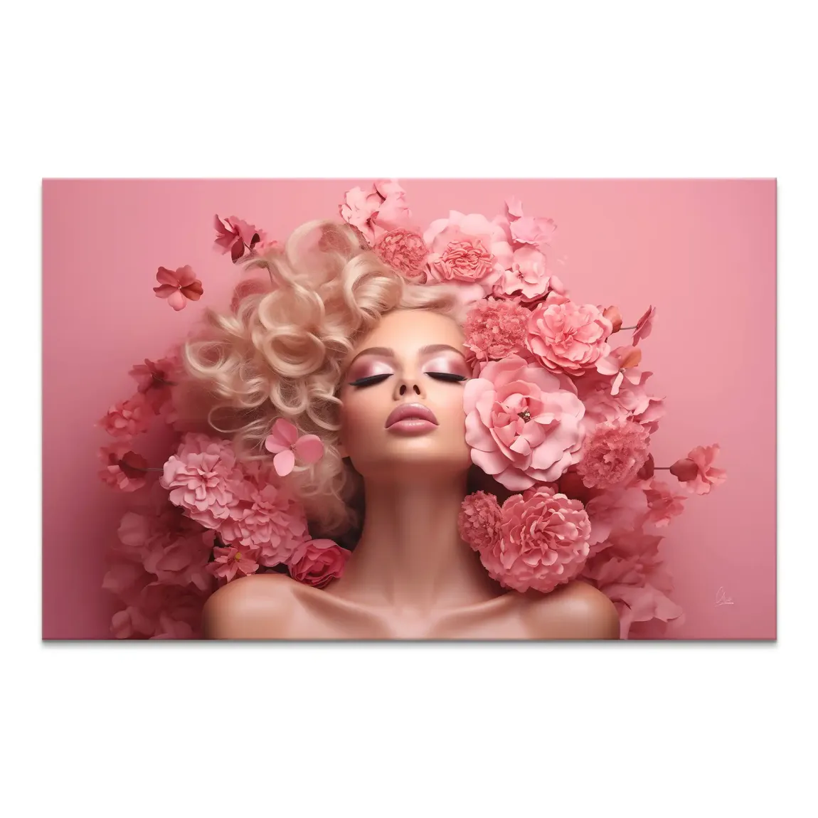 Close-up of Pink Dream wall art showing a serene, closed-eyed woman with blonde curly hair intertwined with vibrant pink flowers in a landscape layout.