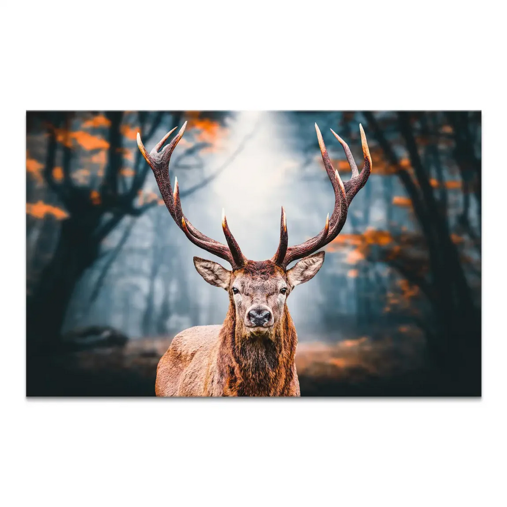 Majestic stag with impressive antlers in a misty forest on a deer in the forest canvas wall art