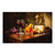Wine & Pleasure canvas print: a landscape still-life with red wine, amber cocktail, grapes, blue cheese, and a lit candle on a dark wooden table.