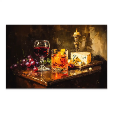 Wine & Pleasure canvas print: a landscape still-life with red wine, amber cocktail, grapes, blue cheese, and a lit candle on a dark wooden table.