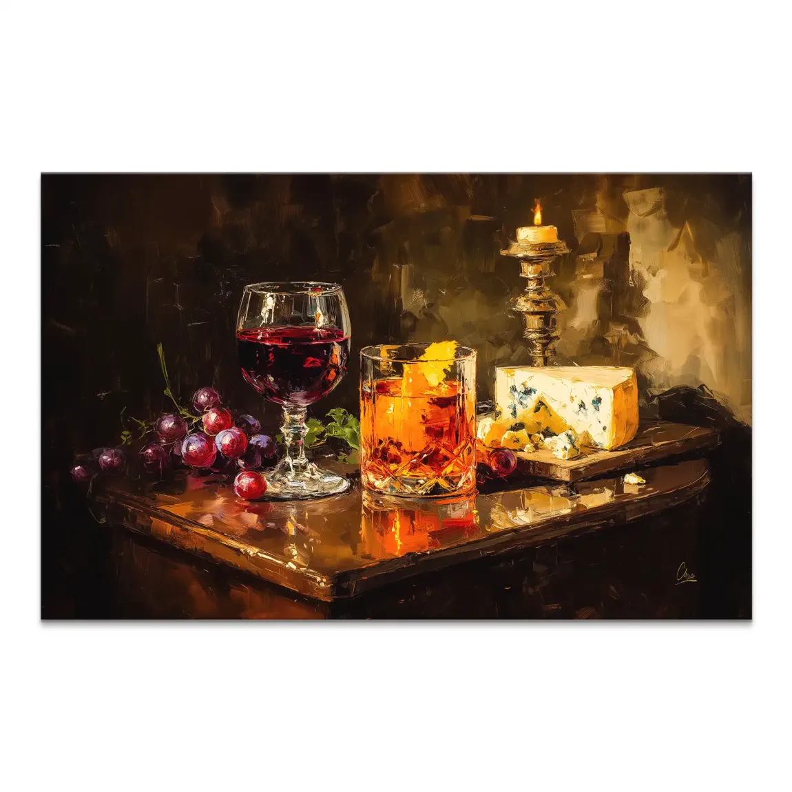 Wine & Pleasure canvas print: a landscape still-life with red wine, amber cocktail, grapes, blue cheese, and a lit candle on a dark wooden table.