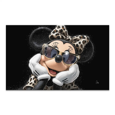 Close-up of Minnie Mouse in glam pop art style wearing gold sunglasses