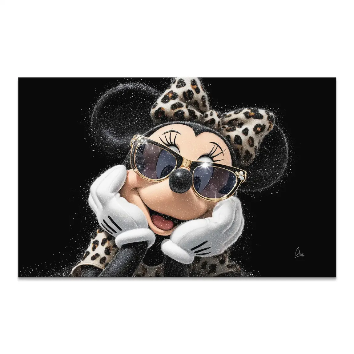 Close-up of Minnie Mouse in glam pop art style wearing gold sunglasses