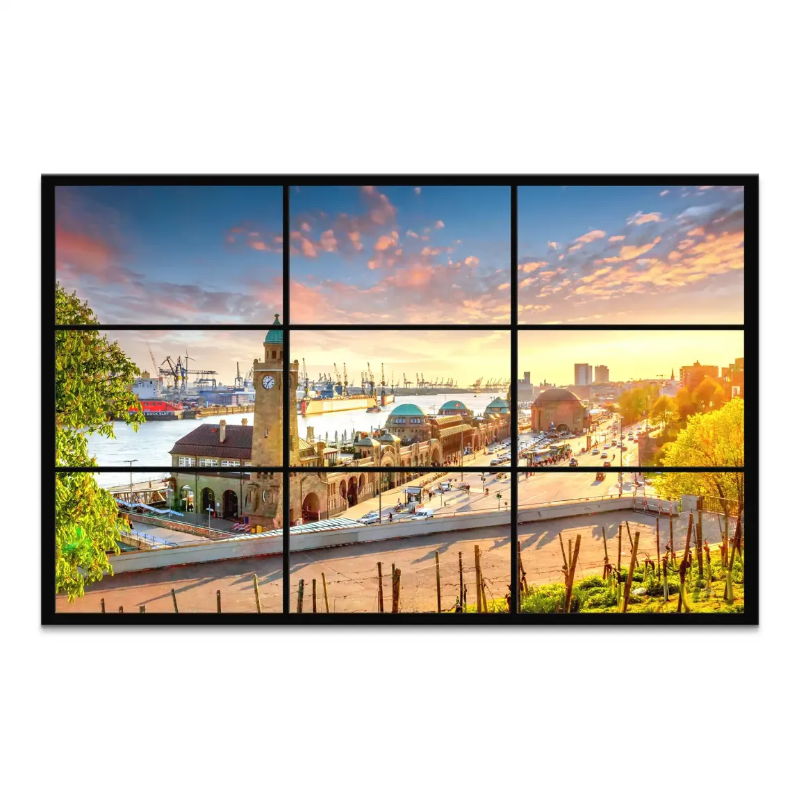 Hamburg sunset view canvas print featuring Landungsbrücken clock tower and harbor buildings bathed in golden light.