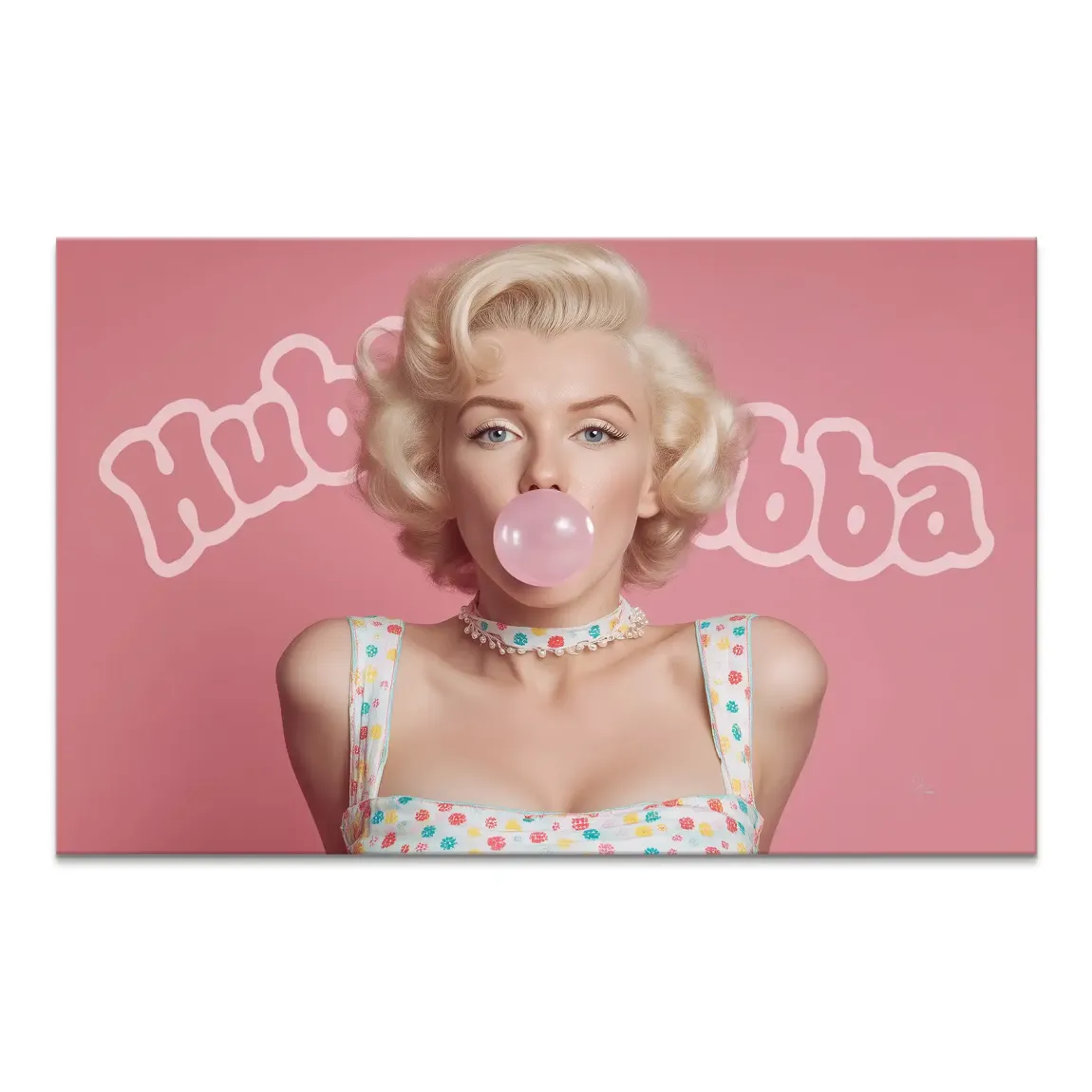 Landscape orientation Pop Art canvas print featuring a Marilyn Monroe-inspired glamorous woman blowing a pink bubble on a pink backdrop.