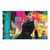 Portrait of Audrey Hepburn in a black dress with red lips against a vibrant neon Pop Art city background.