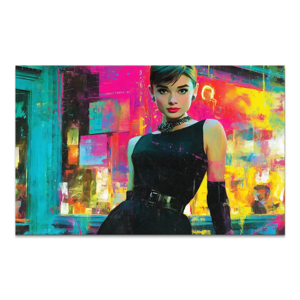 Portrait of Audrey Hepburn in a black dress with red lips against a vibrant neon Pop Art city background.