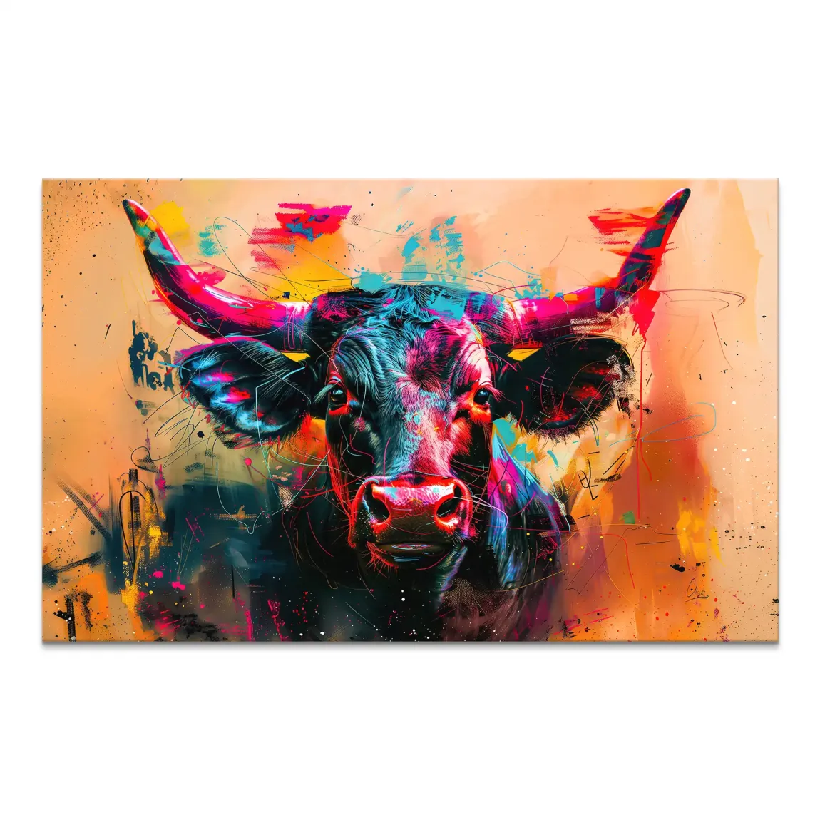 A majestic bull rendered in bold Pop Art style with neon pink, electric blue, and bright yellow accents against a warm orange-yellow painterly background.