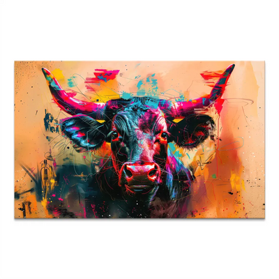 A majestic bull rendered in bold Pop Art style with neon pink, electric blue, and bright yellow accents against a warm orange-yellow painterly background.