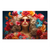 Flower Queen canvas print featuring a modern portrait of a platinum blonde woman surrounded by red, pink, orange, yellow, and teal flowers on a deep blue background.