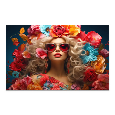 Flower Queen canvas print featuring a modern portrait of a platinum blonde woman surrounded by red, pink, orange, yellow, and teal flowers on a deep blue background.