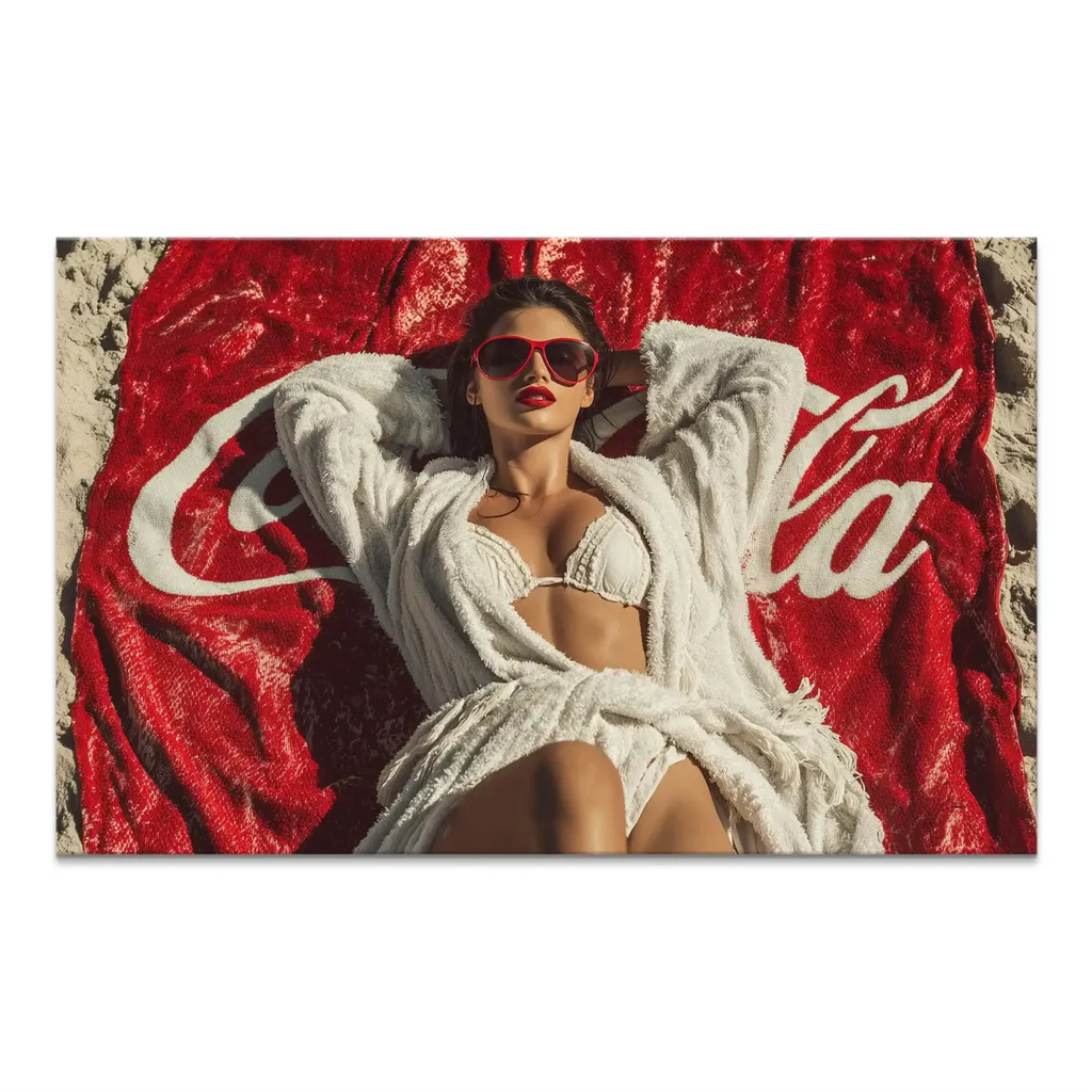 Glamorous woman lounging on a sunny beach in a white bikini and robe with red sunglasses on a red Coca-Cola towel in Pop Art style.