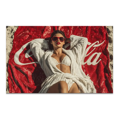 Glamorous woman lounging on a sunny beach in a white bikini and robe with red sunglasses on a red Coca-Cola towel in Pop Art style.