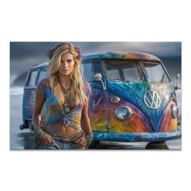 Blonde bohemian woman with flower crown standing beside a colorful classic VW Bulli bus.