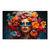 Close-up of a woman's face adorned with a vibrant floral crown, blue-tinted sunglasses with orange frames, and bold red lipstick against a dark background.