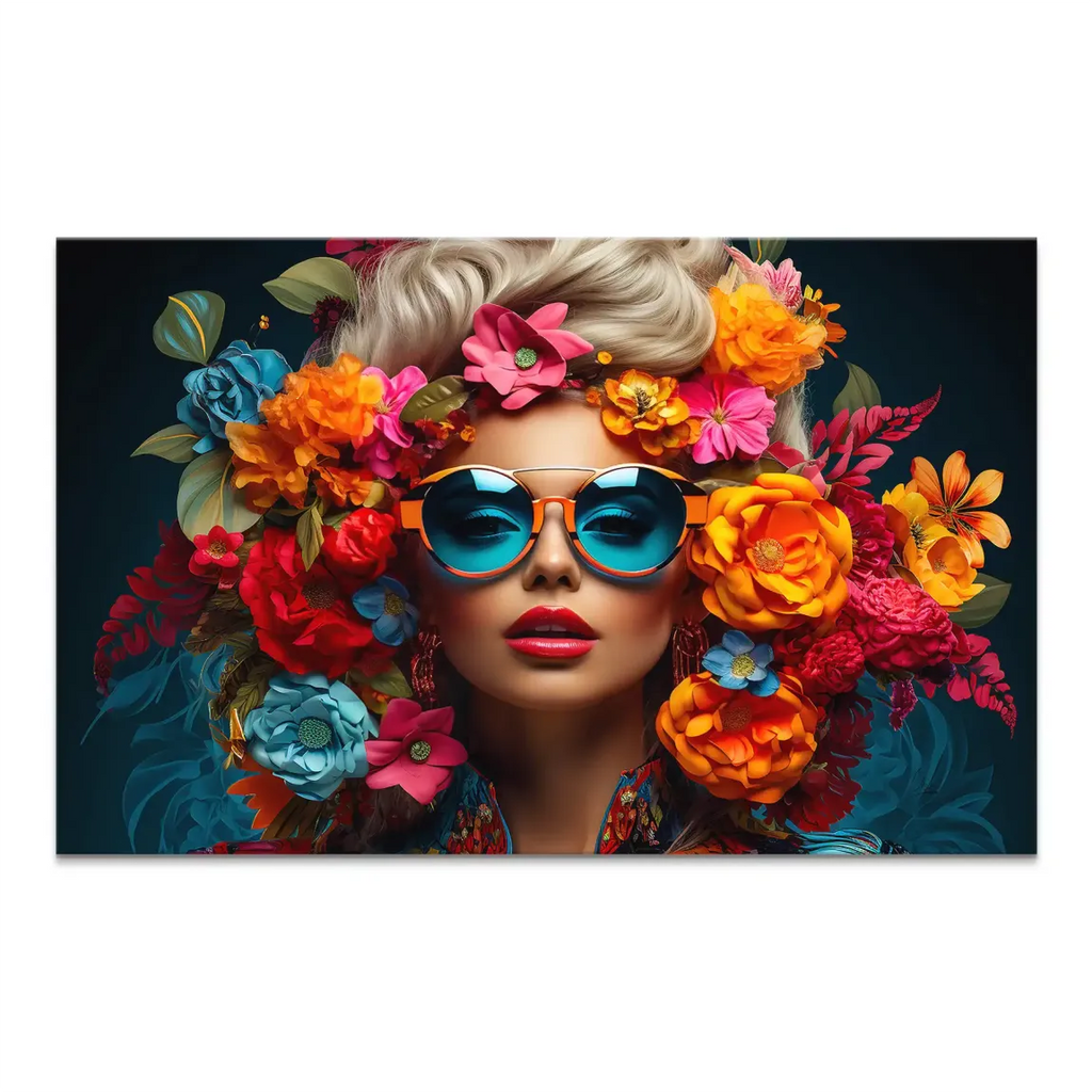 Close-up of a woman's face adorned with a vibrant floral crown, blue-tinted sunglasses with orange frames, and bold red lipstick against a dark background.